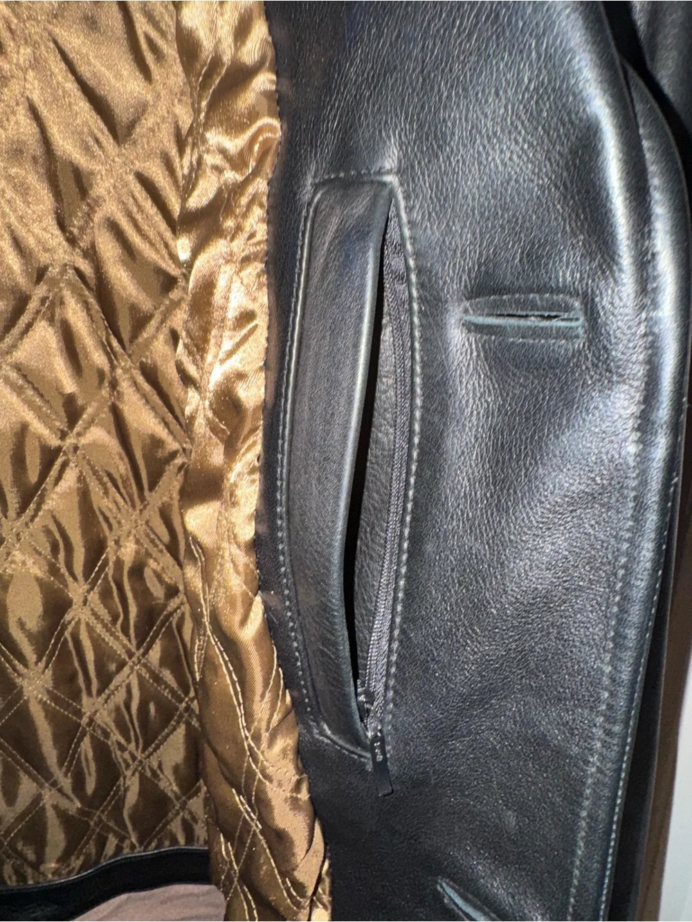 Andrew Marc Vintage Black Leather Trench Coat with Gold Quilted Lining